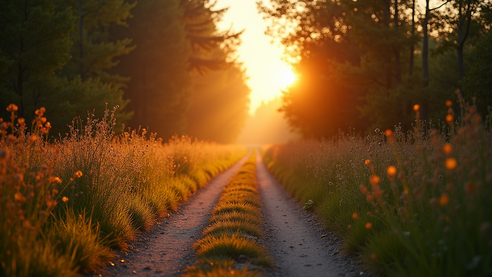 Eye-level view of a peaceful nature trail during sunrise