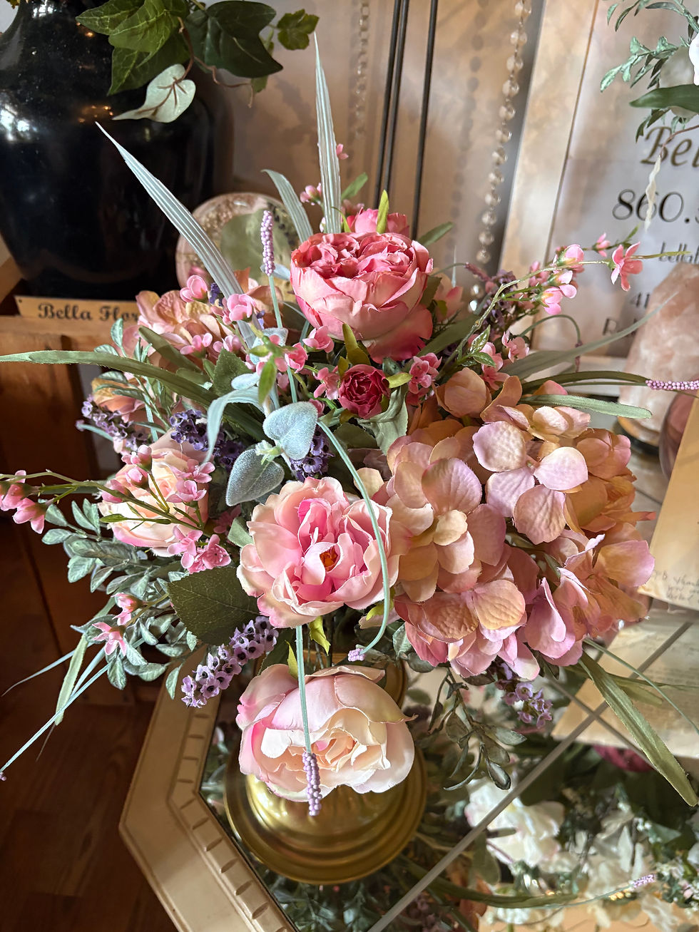 Pink Roses and Hydrangeas in Gold Pedestal Vase