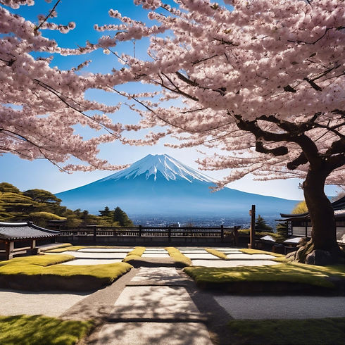 A zen Garden under japanese cherry blossom trees on a very clear sunny day in the shadow o