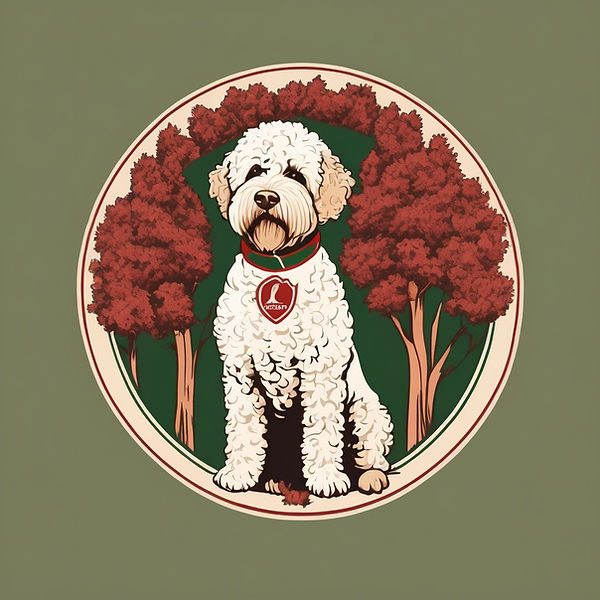 Lagotto Romagnolo with a scarlet oak tree, in a circle logo in a scarlet, cream and forest