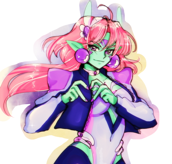 Anime drawing of a green-skinned alien girl, making a heart with her hands