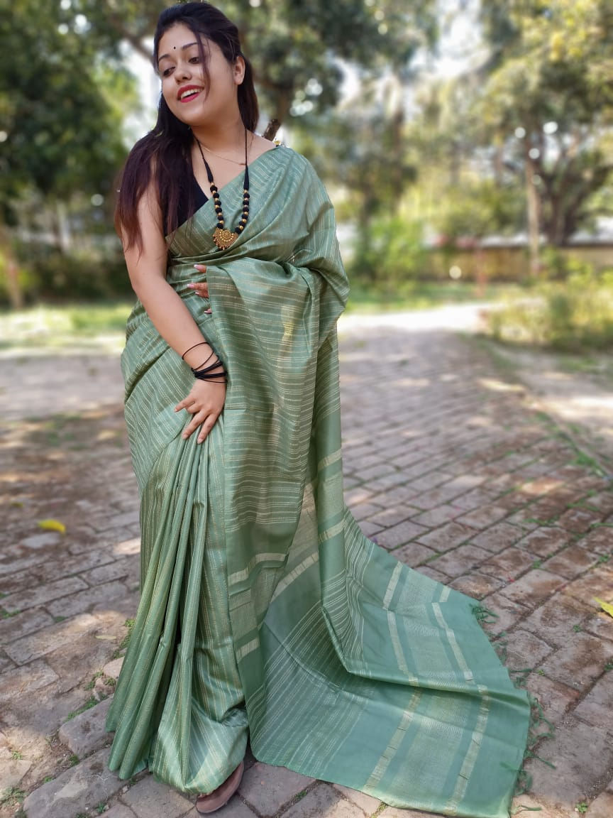 Thumbnail: db Semi Tussar Silk Ghicha Check   Saree