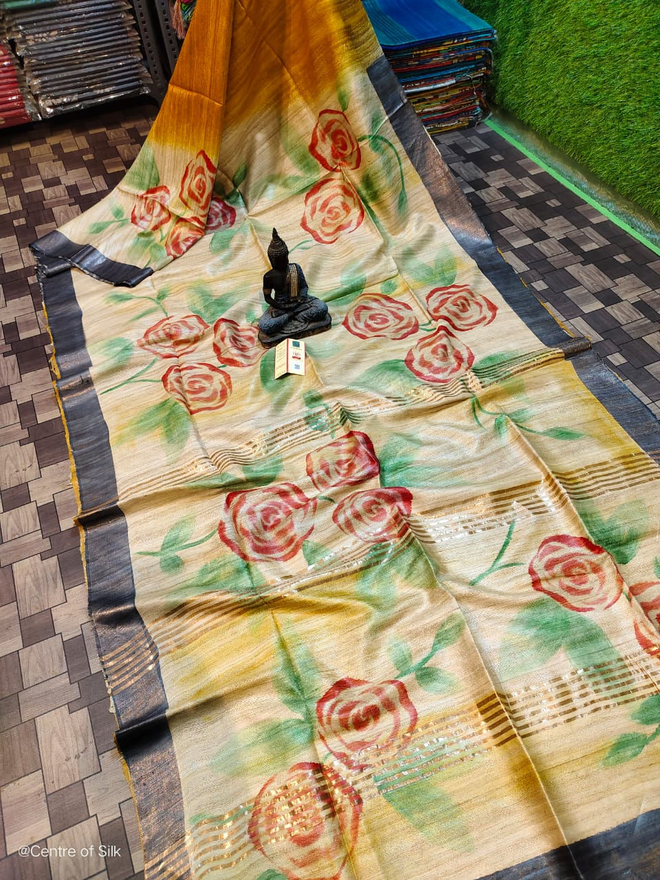 Thumbnail: db Tussar Ghicha Pure Silk  Hand Brass Paint Sarees