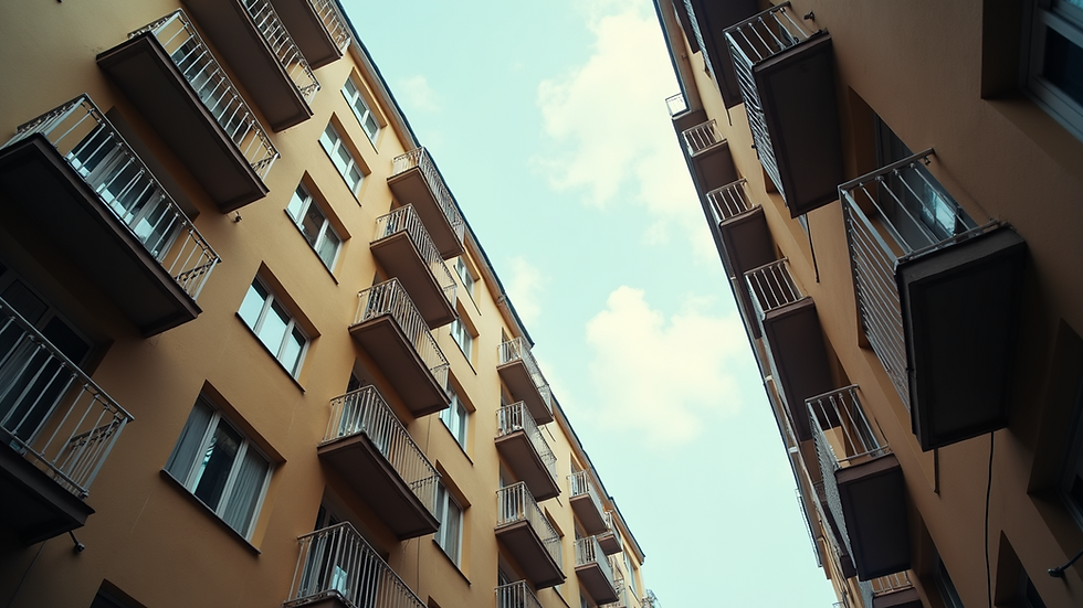 Eye-level view of a residential apartment building with balconies