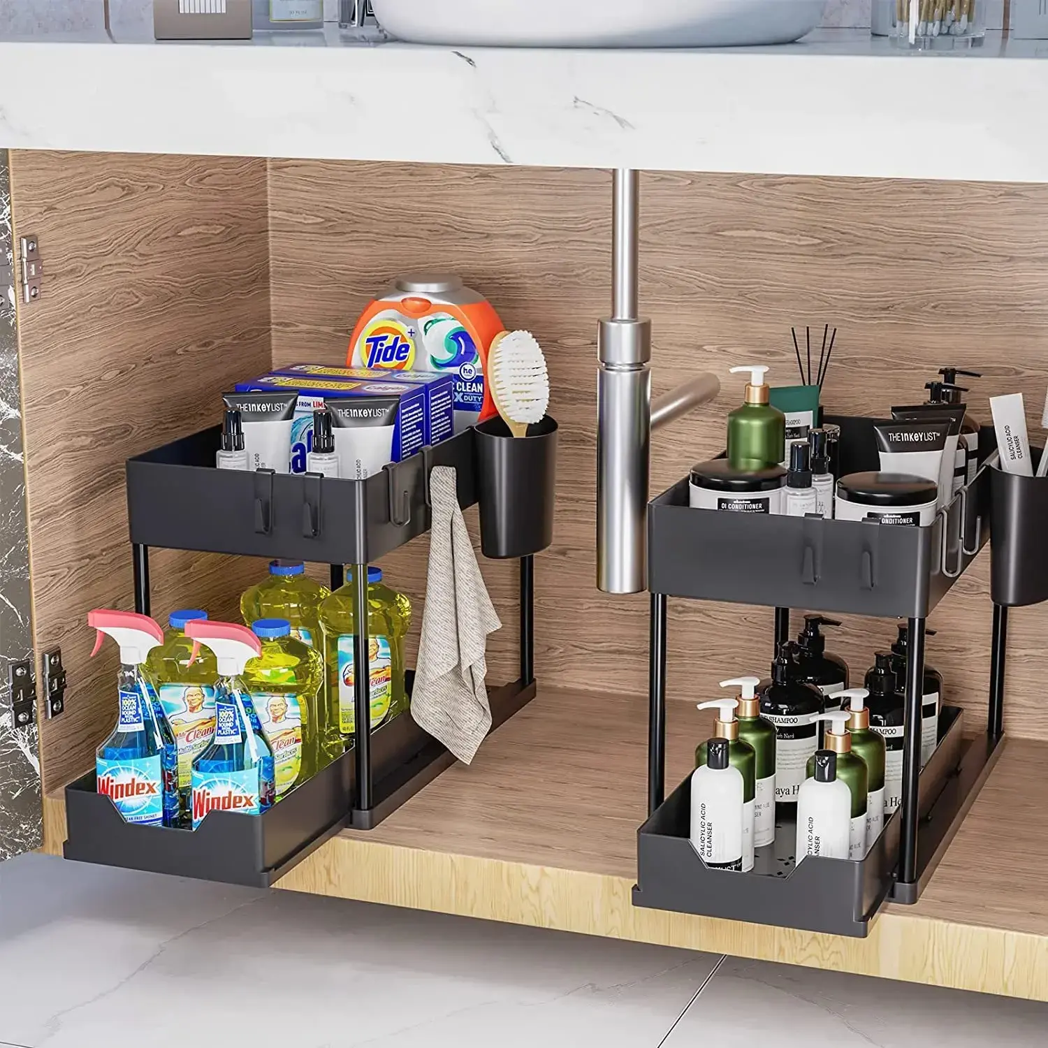 Two Layer Under Basin Slide-out Storage Basket Multi-use Organizer Holder With H