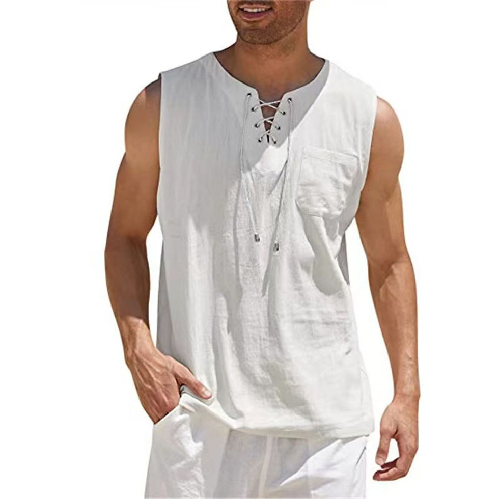 Thumbnail: Cotton Linen Shirts Men's Casual Sleeveless Vest Lace Up Shirts Retro V Neck Tan