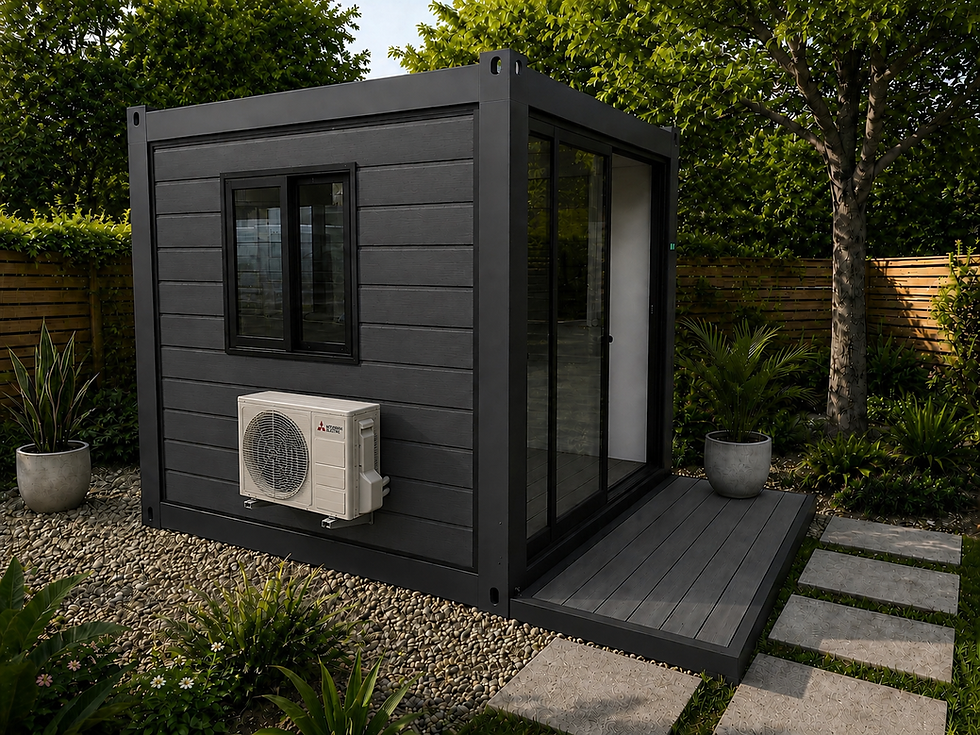 Modern grey backyard pod with air conditioning and deck.