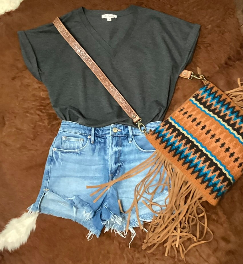 Thumbnail: Suede Fringe Saddle Knit Crossbody Bag