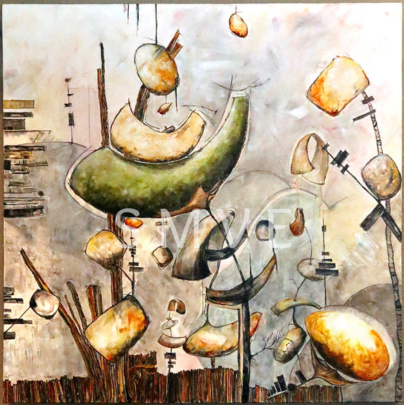 Pale pinkish, blue, grey back drop, surrealistic flowers and flower pods and grasses in greens, yellows, oranges, pinks and brown tones, stems with detailed  black abstract lines and swirls, all in varying sizes creating depth and movement.