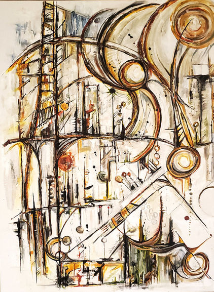 Adjustments a 36" x 48" acrylic abstract on canvas. A contemporary, modern painting implying industrial stages of change. This abstract is visually engaging and will add to any modern space. A white background with muted shades of greens, grays, and yellows. The painting features color shades of brown, ochre, yellow, and orange with thick and fine organic dark lines and circles, accented with gold and pearl. Large circles connected with a curved line simulate a balance counter-balance in motion; a larger central circle with its connected curved lines creates the motion of a fan, blowing in the winds of change. A large tower with arches loosely divides the painting into multiple levels, each with abstract buildings and trees. Mark makings, lines, and color spots give a feeling of busy movement and lifestyle. The lower left of the painting hints at a closer connection with nature via shades of green. Diagonal black lines symbolize the slippery slope of progress. Trees appear to be leaning or sliding. The slope leads to modernization, and the balance counterbalances. 