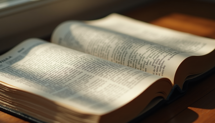 Eye-level view of an open Bible on a wooden table with a soft light illuminating the pages