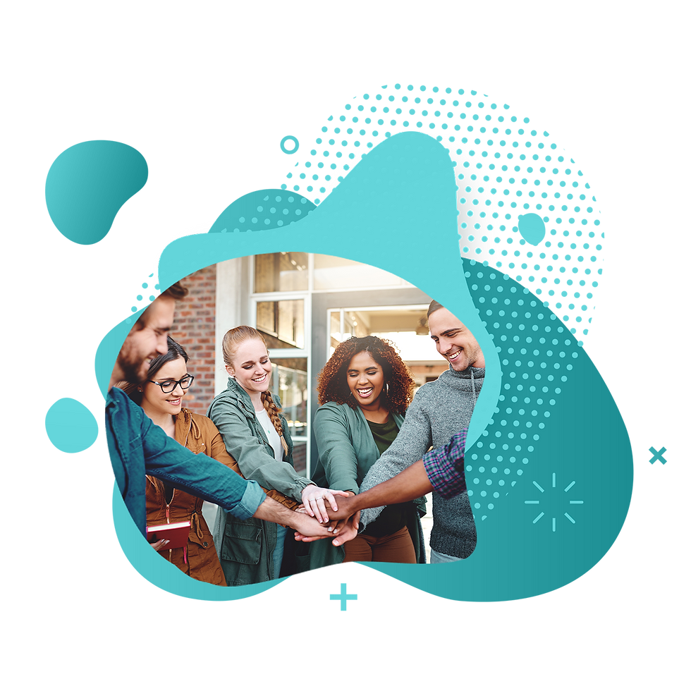 Bubbles graphic with group of employees smiling and putting hands together in a circle