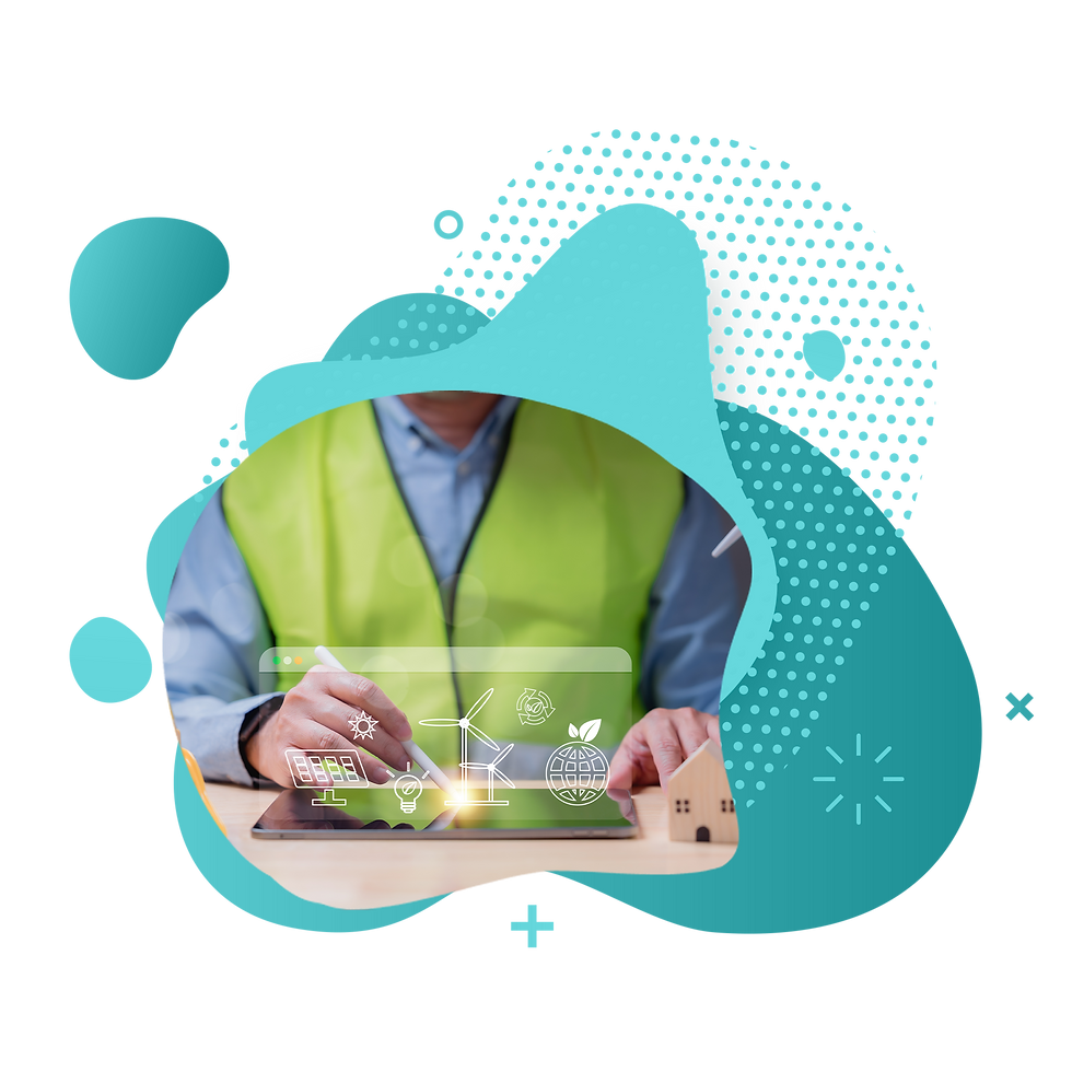 Bubbles graphic with view of worker in visibility vest using digital interface on tablet
