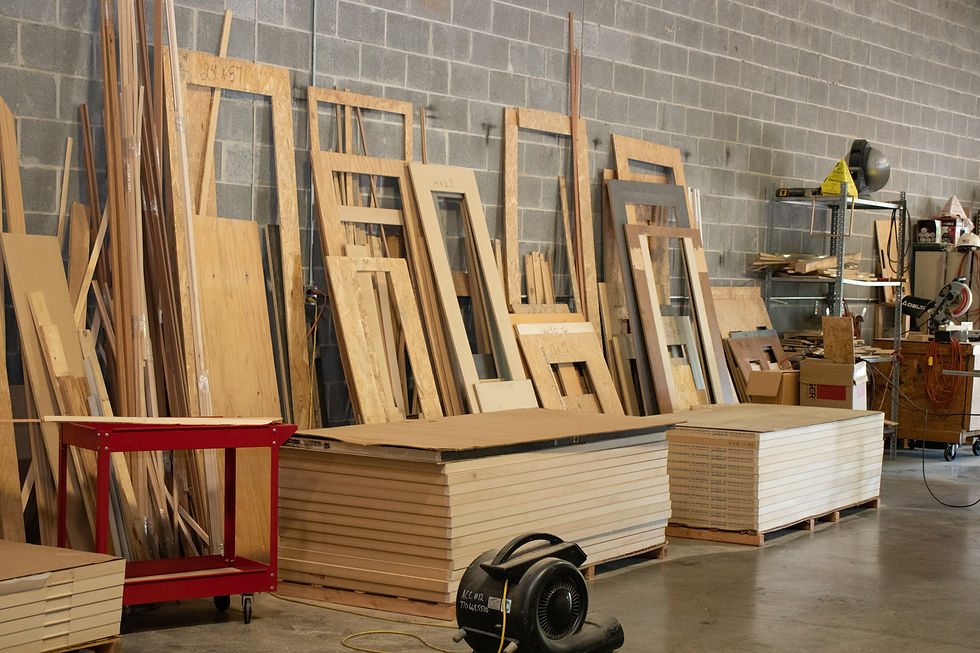 Rows of wood doors in door distribution center