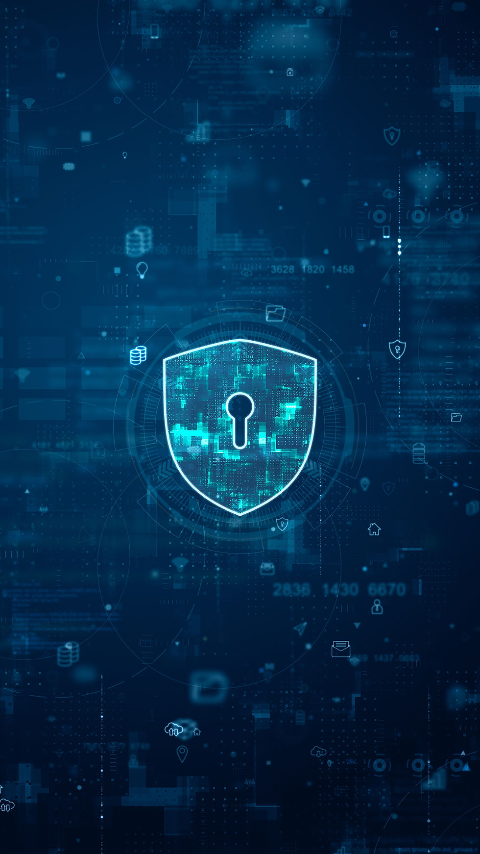 Graphic of a shield with keyhole and technological patterns to represent security