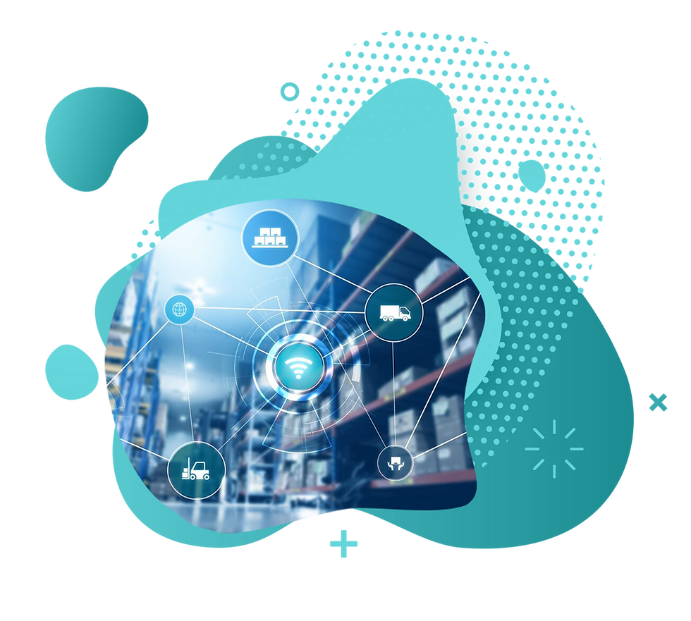 Graphic of interconnected icons over a warehouse to show asset management technology providing helpful planning tools