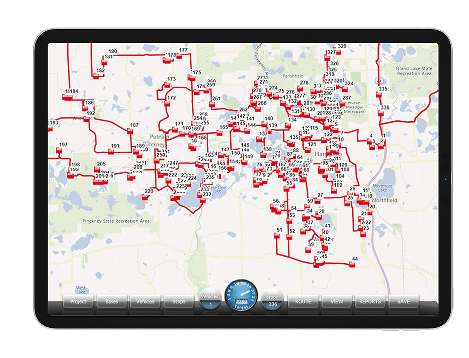 Tablet showing screenshot of Univerus routing software