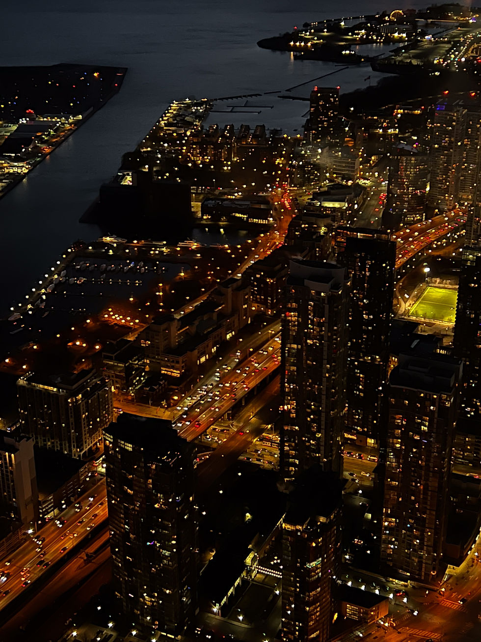 Aeriel view of skyscrapers at night