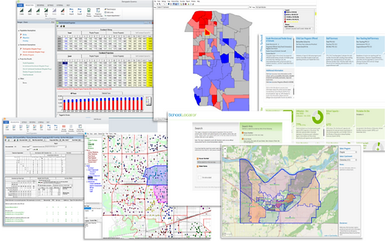 Collection of interfaces showing School Boundary Maps interacting with other Baragar solutions to communicate school data accurately