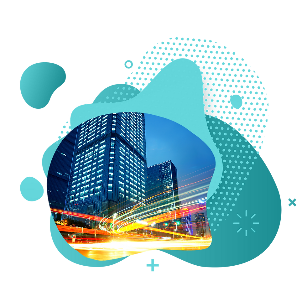 Bubbles graphic with photo of skyscrapers rising in city with lights from cars