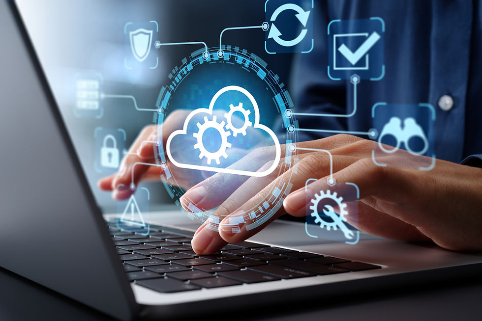 Hands typing on laptop keyboard with digital cloud overlay