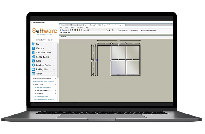 Laptop showing Software for Hardware door frame elevation drawing tool