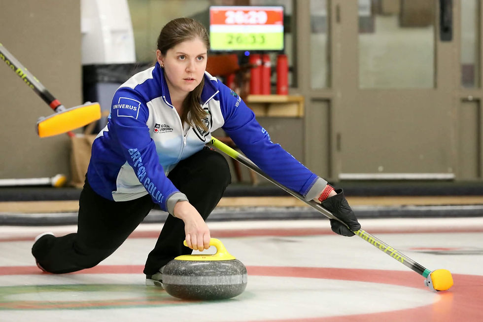 Female athlete curling and wearing curling jersey with Univerus logo on it.