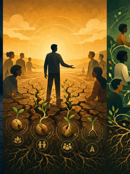 Three-panel editorial illustration depicting the mindset journey from organizational isolation to collective innovation: a solitary figure surrounded by closed walls and barren soil; the moment of shift with roots breaking through cracked ground; and a flourishing environment where diverse figures are equally connected by organic pathways, sharing ideas freely beneath a common horizon