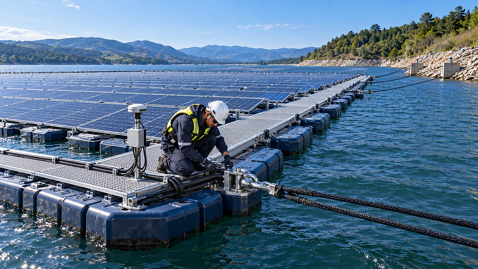 Engineer inspecting floating solar connectors, protected cables, monitoring equipment and mooring lines on a reservoir-based PV array.