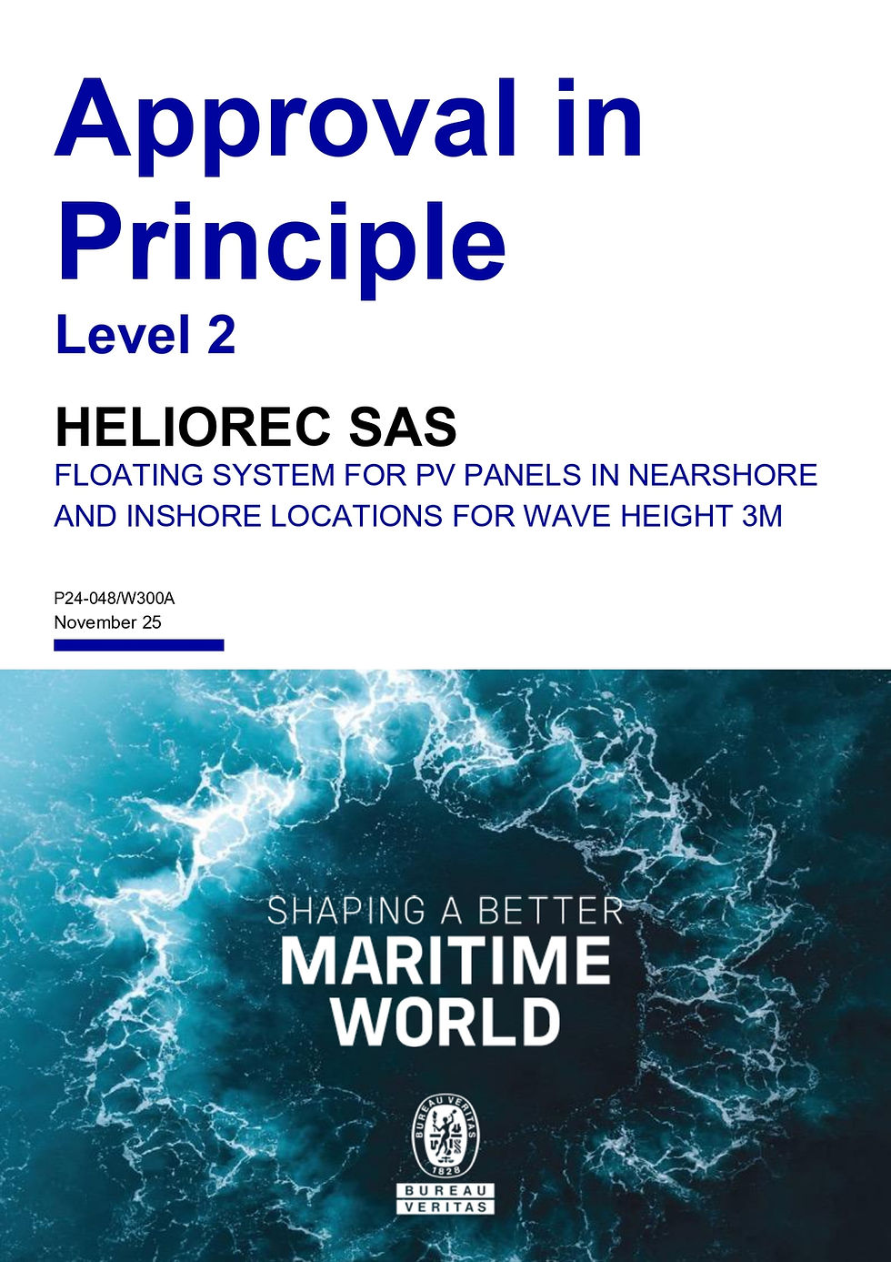 HelioRec Achieves Bureau Veritas Approval in Principle (AiP) Level II for W300A Floating Solar Technology