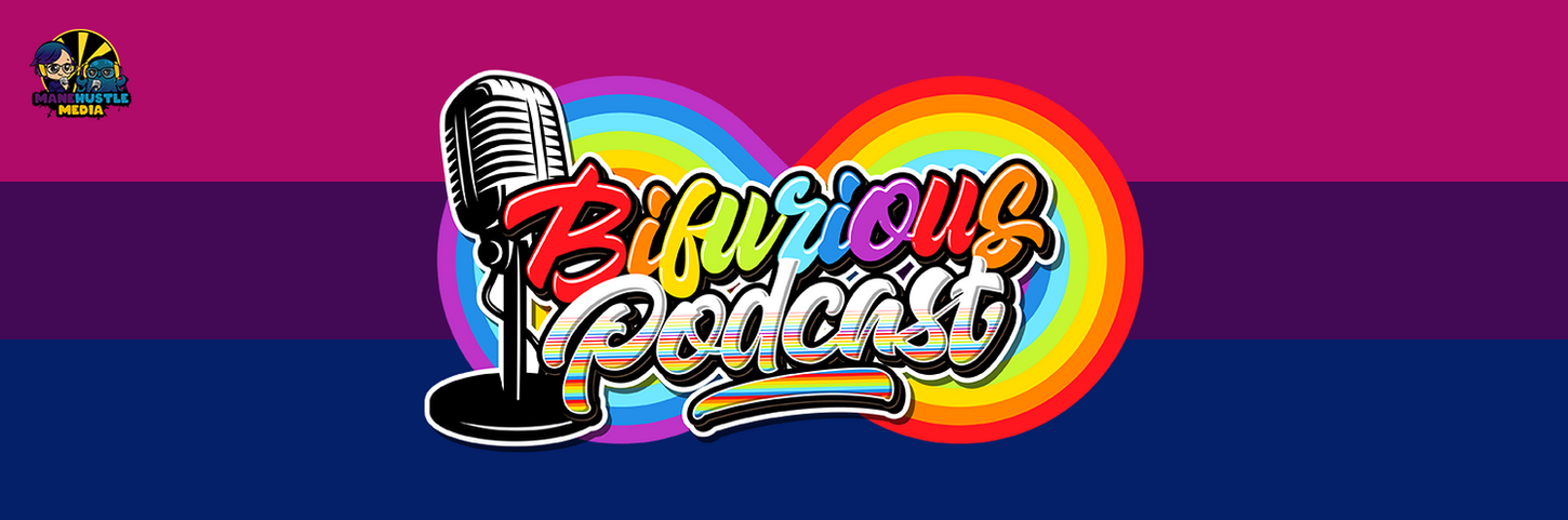 Bisexual Pride Flag with Bifurious Podcast logo on top and centered. In the upper left hand corner the logo for ManeHustle Media which is a chibi animated version of Sharmane Fury and an octopus with headphones and microphones. 
