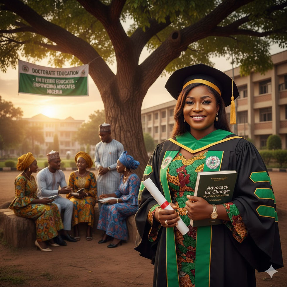 Graduate in cap and gown smiles holding diploma, book in hand. Group chats under tree with a "Doctorate Education" sign. Sunny campus.