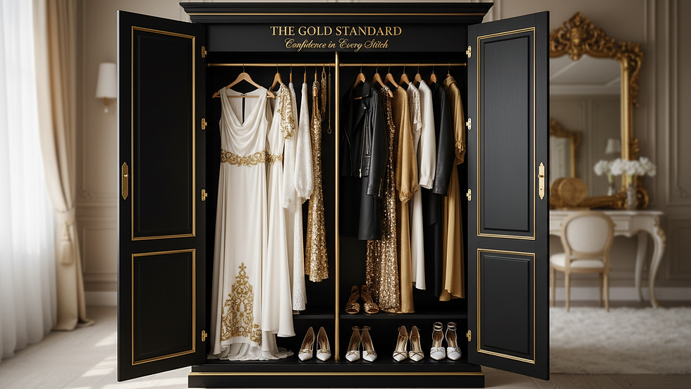 Eye-level view of a wardrobe with classic and colorful clothing pieces