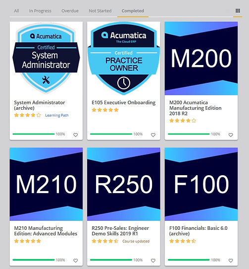 Acumatica Training Certificates sys admi