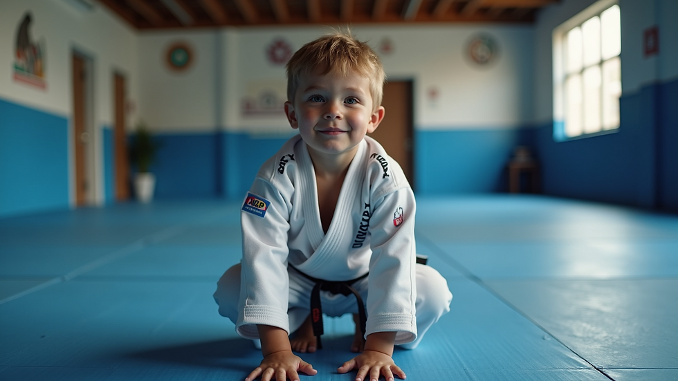 Eye-level view of a child practicing jiu-jitsu on the mat