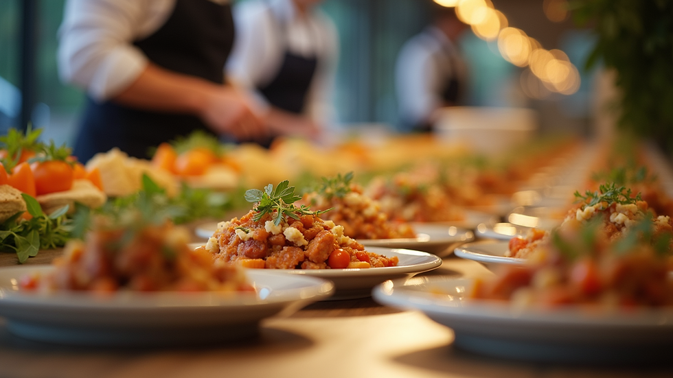 Eye-level view of a beautifully arranged corporate buffet table with fresh dishes