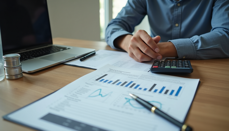 High angle view of a person reviewing investment documents with a laptop and calculator