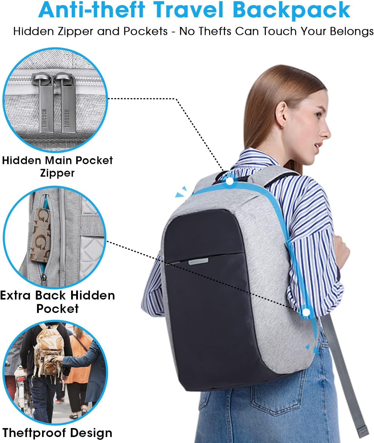 oscaurt Anti Theft Backpack - 15.6 Inch Laptop Travel Backpack with Hidden Zipp