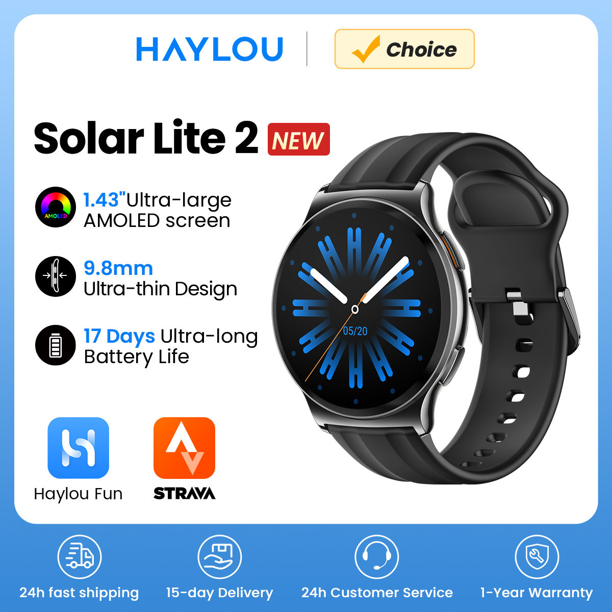 HAYLOU Solar Lite 2 Smartwatch 1.43'' AMOLED Display 24h Health Monitoring 150+