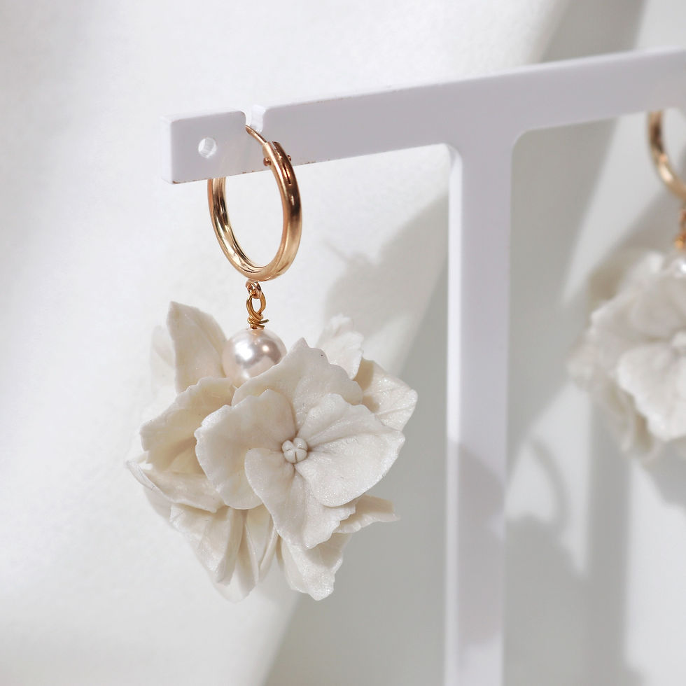 Thumbnail: Gold hoop earrings with ivory clay flower cluster and ivory pearls.