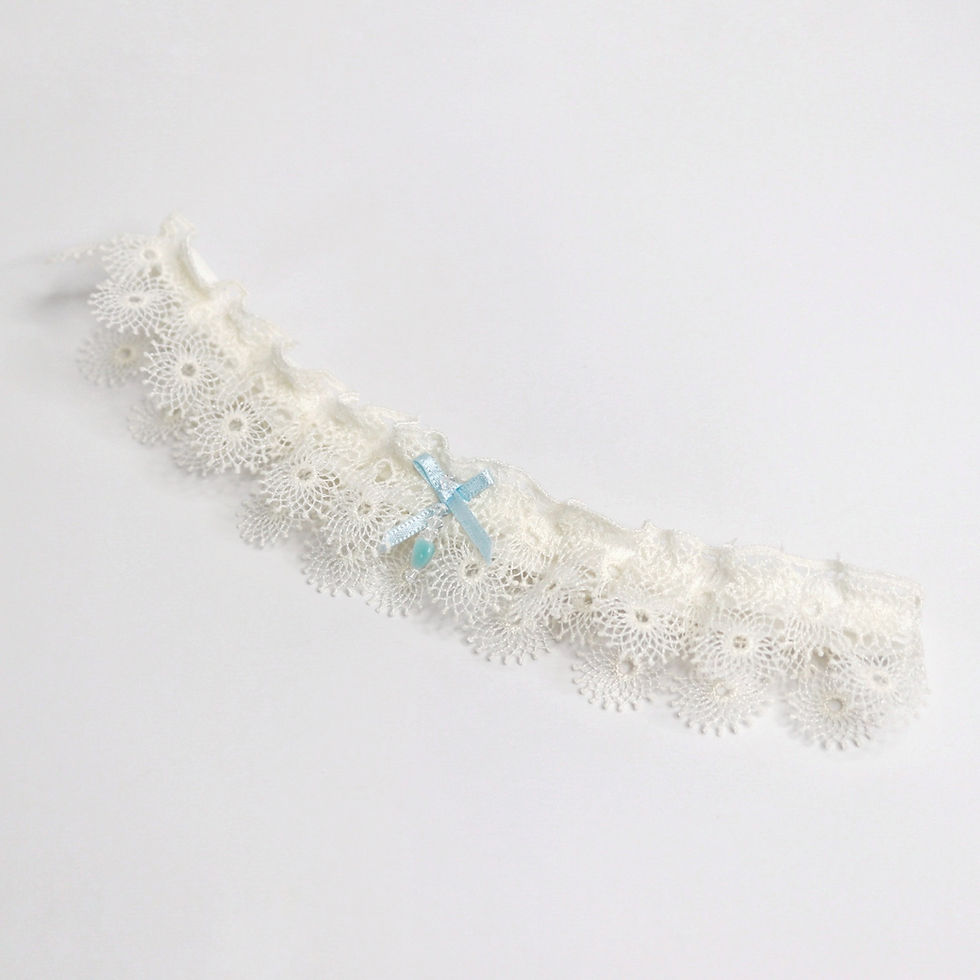 Thumbnail: Delicate lace bridal garter with tiny blue ribbon bow, crystals and heart dropper