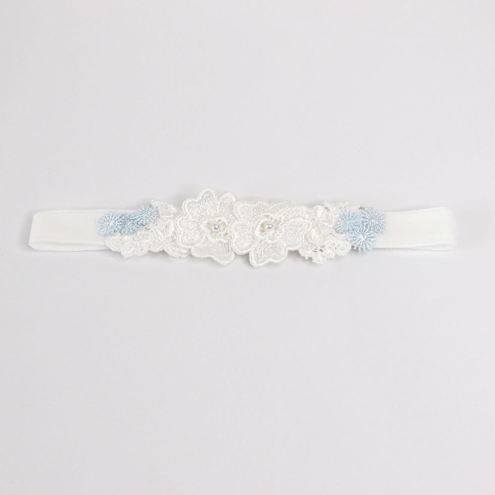 Thumbnail: Bridal garter with ivory and blue lace flowers, finished with crystals and pearls