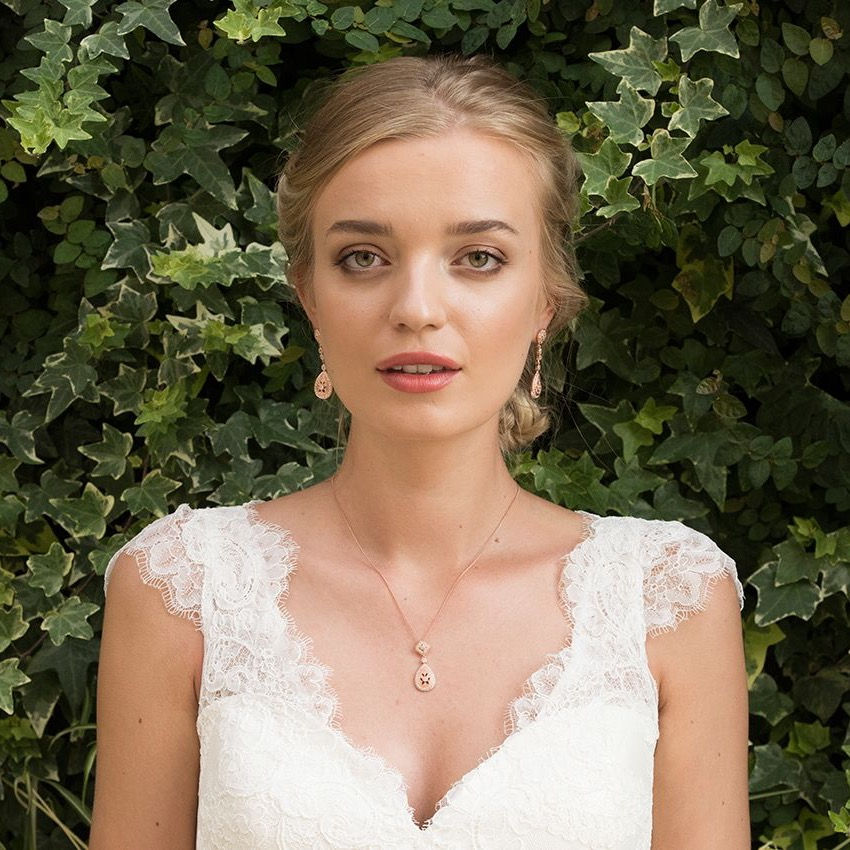Thumbnail: Rose gold necklace with art deco style pave pendant, worn by model