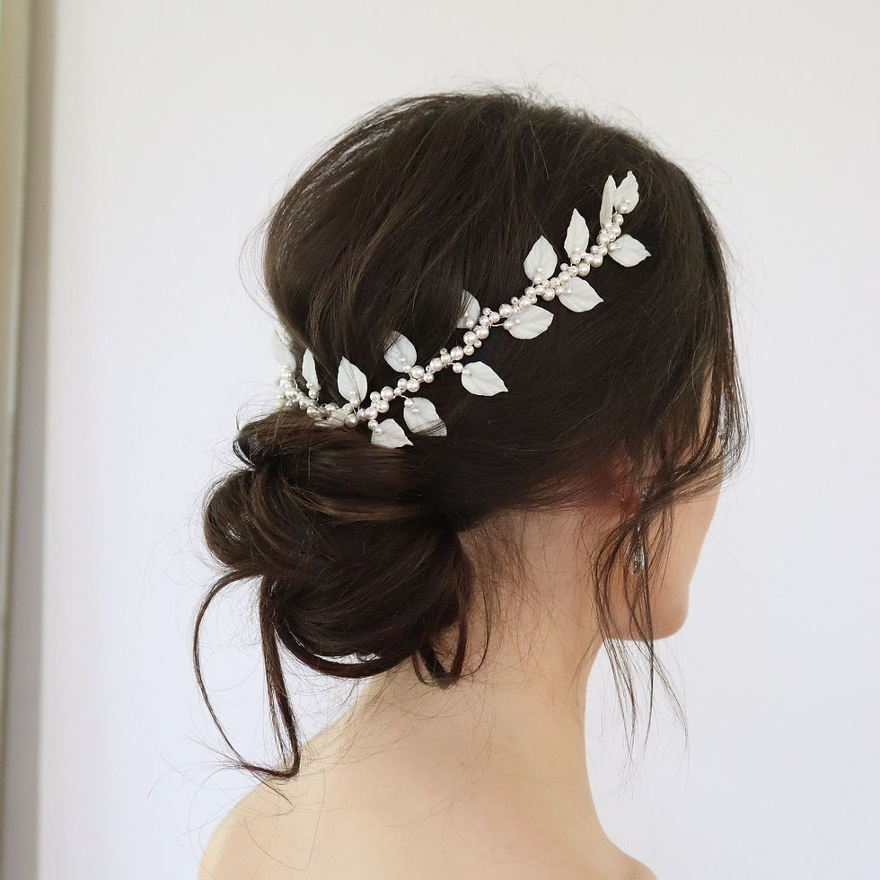 Silver wire hair vine embellished with ivory clay leaves and ivory pearls