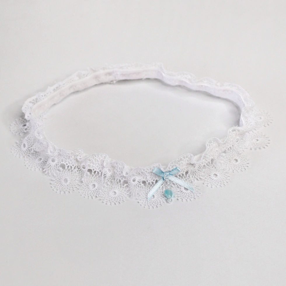 Thumbnail: Delicate lace bridal garter with tiny blue ribbon bow, crystals and heart dropper