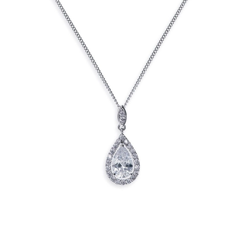 Silver necklace with pendant made of a delicate curl of pave set stones surrounding a tear cut stone