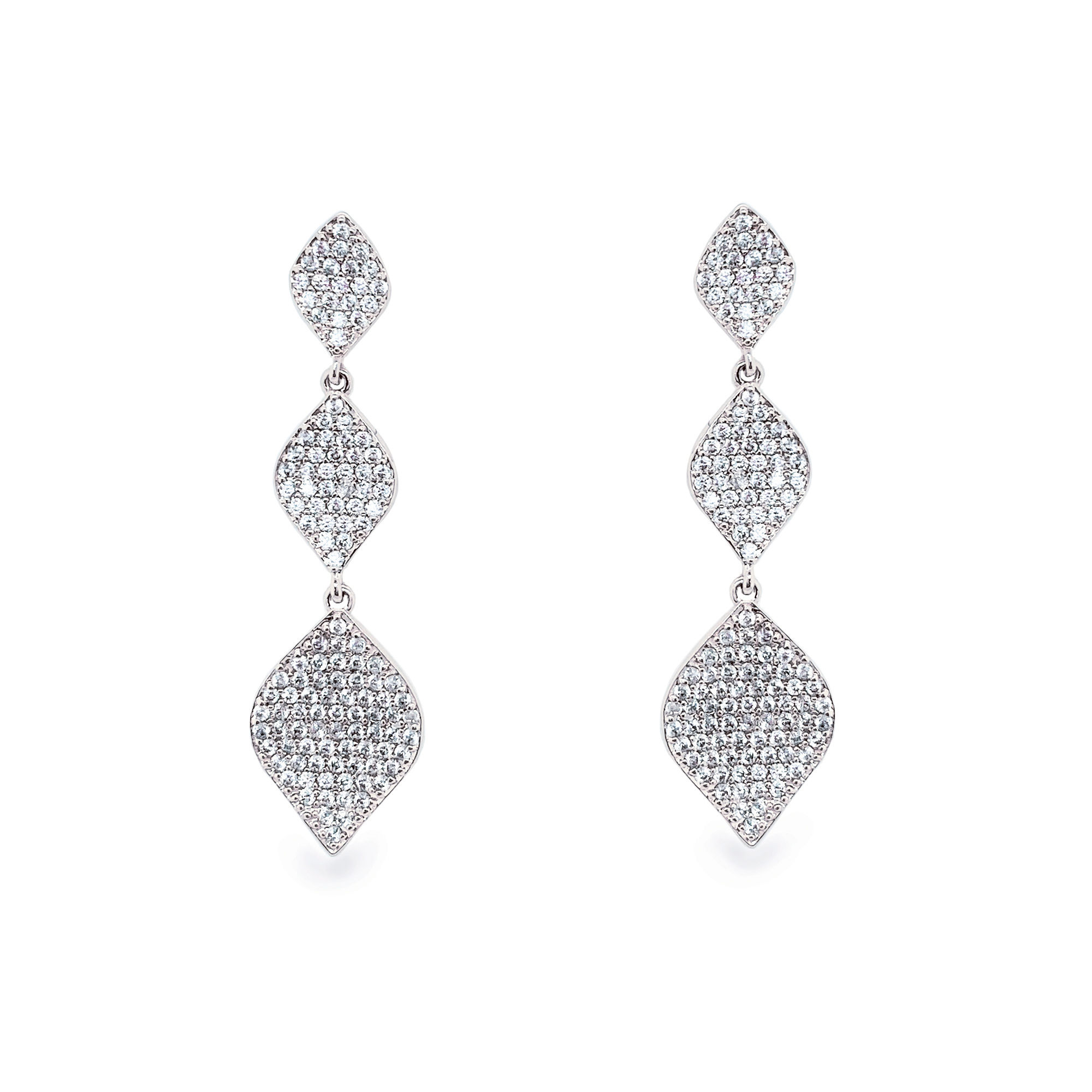 Silver cubic zirconia pave diamond shape triple dropper earrings