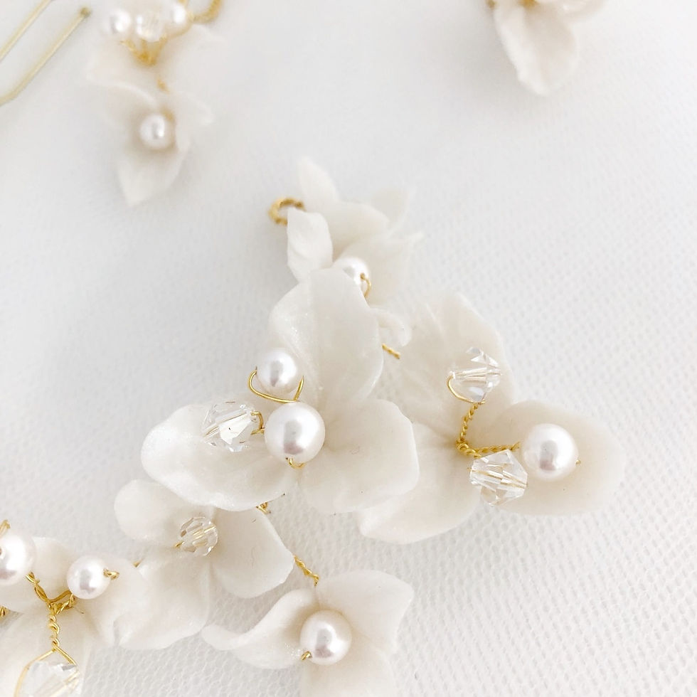 Thumbnail: Small gold wire headpiece with ivory clay flowers and pearls and matching set of 3 hair pins