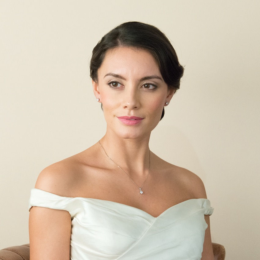 Thumbnail: Silver single stone solitaire stud earrings, worn by bride