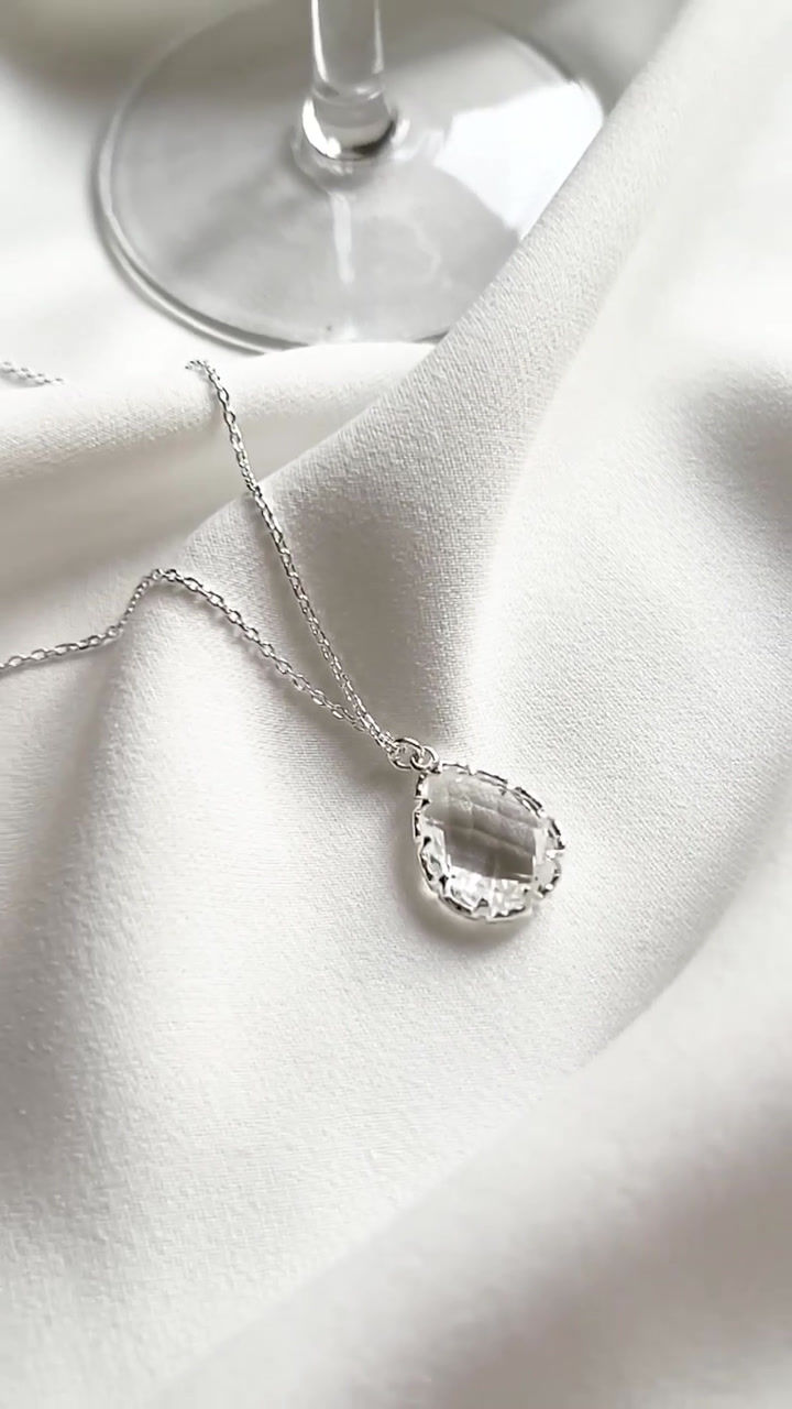 Thumbnail: Silver bridal necklace with large teardrop clear crystal dropper